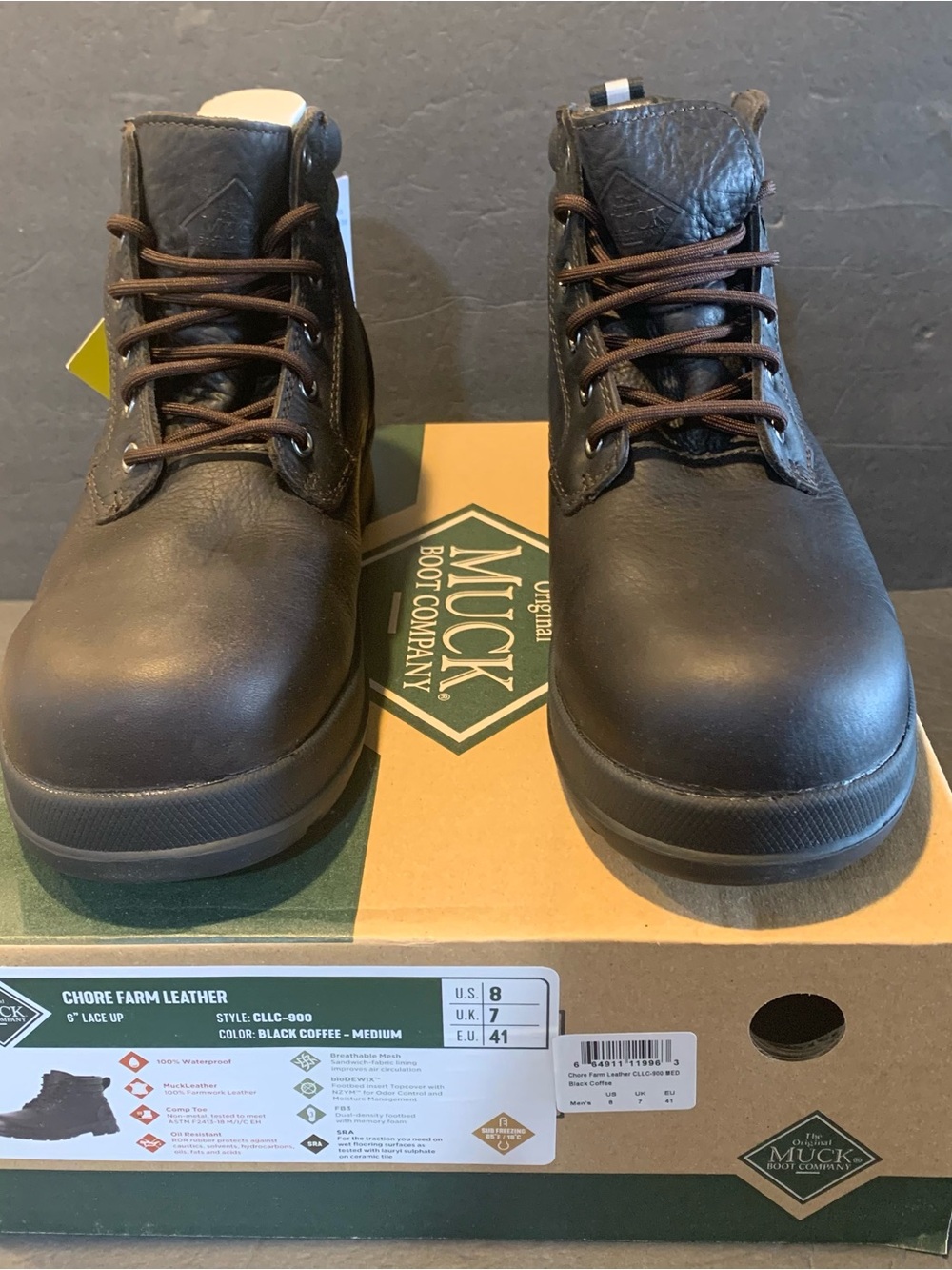 MUCK Boot Co. NIB 8M Men's Black Coffee Chore Farm Leather 6” Lace-Up Boots